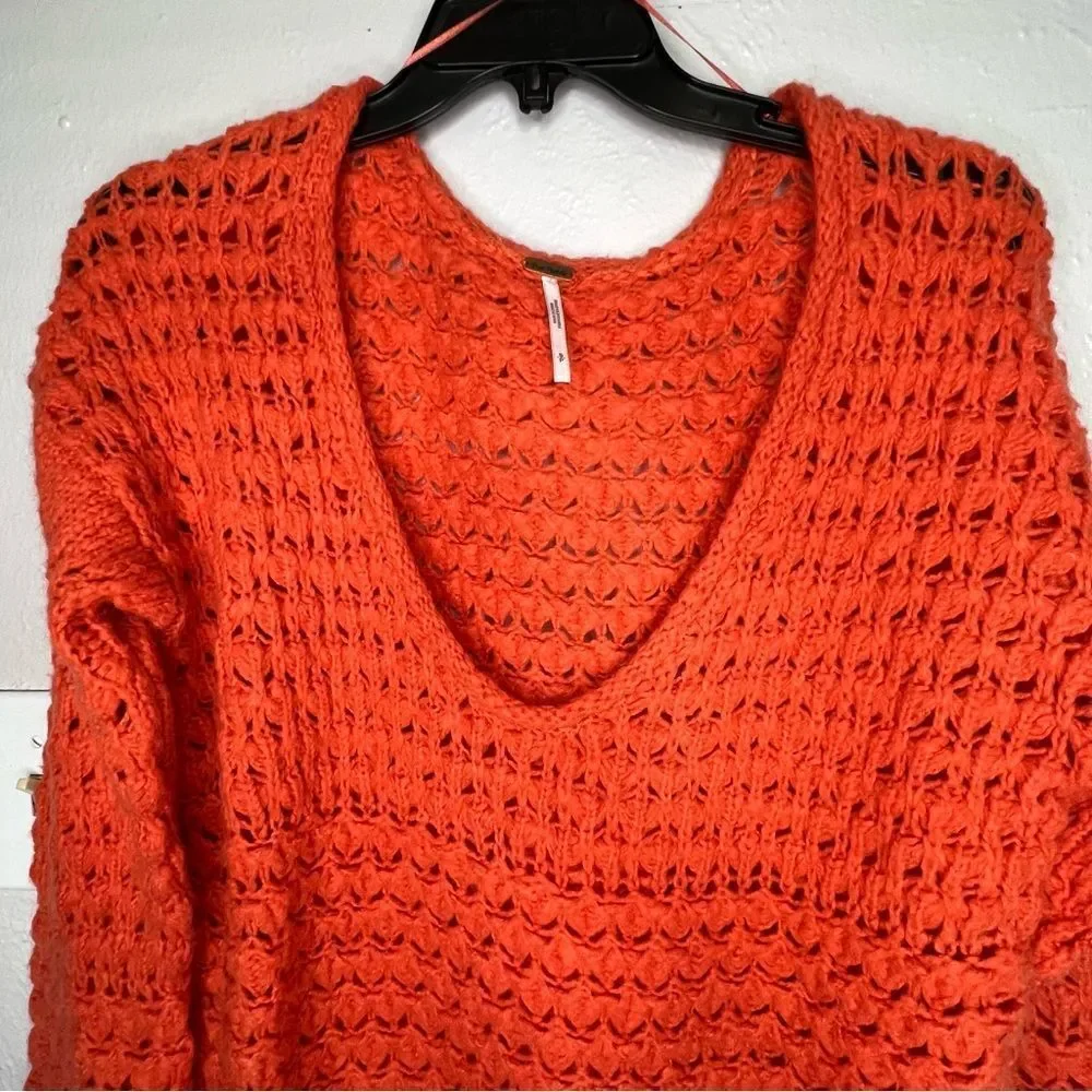 Free People Crashing Waves Pullover Knit Long Sleeve Orange Women’s Sweater Sz S